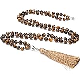 BALIBALI 108 Mala Beads Necklace Semi-Precious Gem Stones Meditation Necklace 108 Hand Knotted Japa Mala Beaded Tassel Necklace with Tree of Life Pendant
