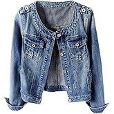 Kedera Women's Denim Jacket Button Down Collarless Long Sleeve Washed Cute Jean Jackets