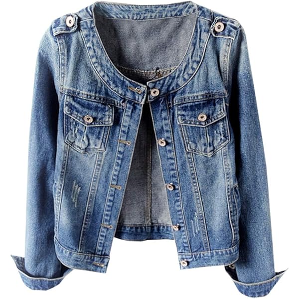 TRENDY XU Women Retro Collarless Long Sleeve Denim Jacket Short