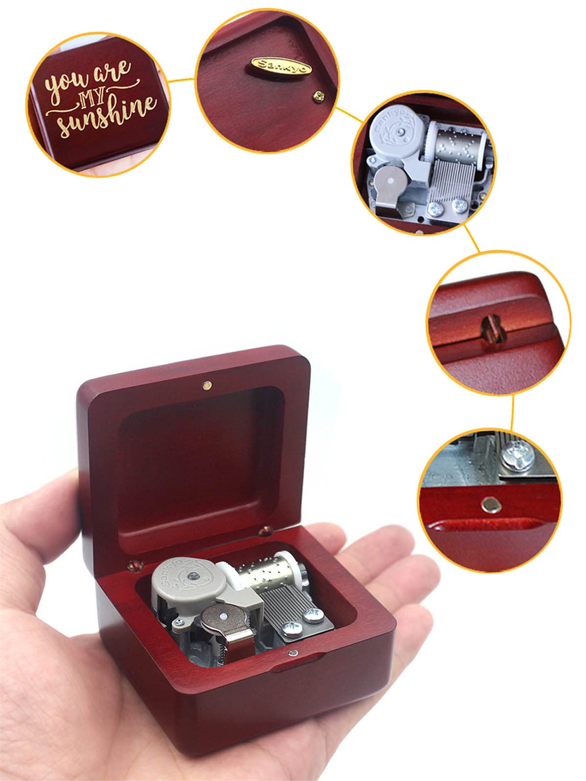 Sinzyo You are My Sunshine Music Box Solid Wood Laser Carving Vintage Gift Musical Boxs for Birthday Valentine's Day Christmas(Wine Red Wooden Box)