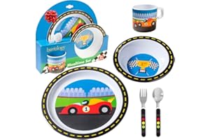 Bentology 5 Pc Mealtime Set for Kids - Racecar Theme -Includes Raised Edge Plate & Bowl, Cup, Metal Fork & Spoon-Dishwasher Safe, BPA Free- Cute Dish, Easy Self-Feeding- XMAS Holiday Gift for Toddlers