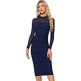 Allegra K Sheer Mesh Dress for Women 2026 Mock Neck Long Sleeve Ruched Elegant Cocktail Valentines Day Bodycon Dresses