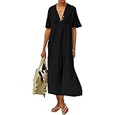R.Vivimos Womens Summer Cotton Flowy Maxi Dress Short Sleeve V Neck Empire Waist Boho Tiered Ruffle Casual Loose Long Dresses