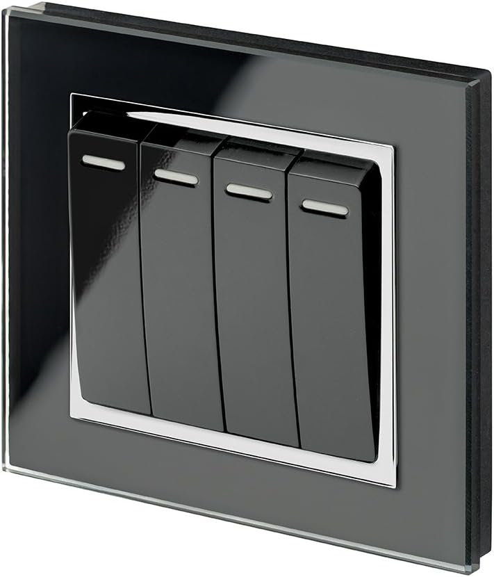 Retrotouch Crystal Quad Light Switch, Chrome Trim, 2-Way, 10AX, Black Glass
