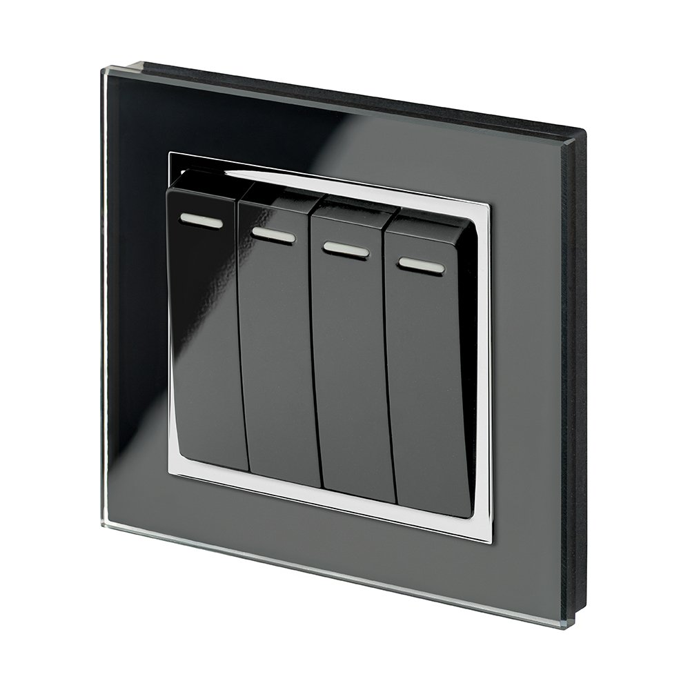 Retrotouch Crystal Quad Light Switch, Chrome Trim, 2-Way, 10AX, Black Glass
