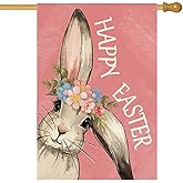 RABUSOFA Happy Easter Bunny House Garden Flag 28x40 Inch Double Sided Outside, Rabbit Flower Yard Outdoor Decoration Pink Large