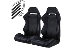 VROOMAUTO Pair of Universal Racing Seats, PVC Leather, Racing Bucket Seats with Dual Sliders, Reclinable for Driver and Passenger Side (VR008)