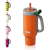 Sidagar 36 oz Tumbler with Handle and Straw, Ceramic Lined Water Bottle Vacuum Insulated Cup, Stainless Steel Travel Mug with Lid,Fits Cup Holder, Leak Resistant Press-in Lid, Orange