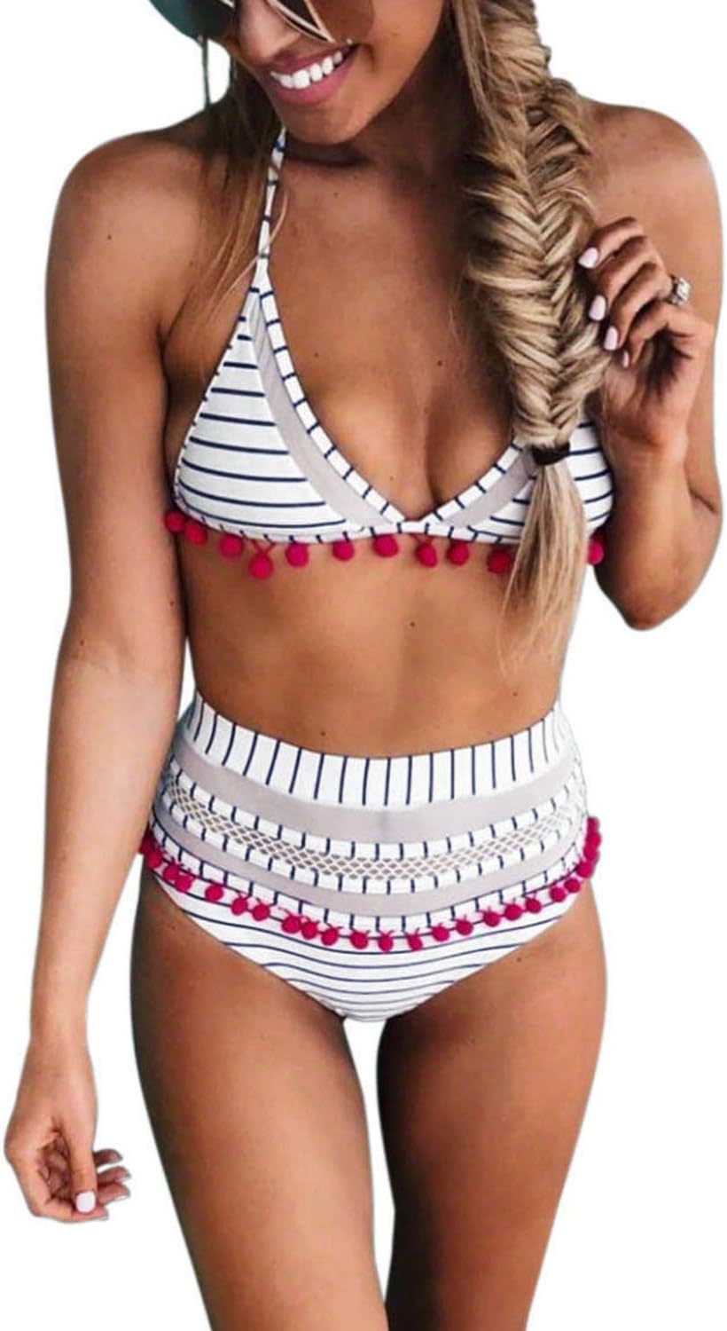 Womens High Waisted Bikini Set Stripe Tassel Halter Two Pieces Swimsuits