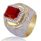 TOPGRILLZ 14K Gold Plated Iced Out CZ Simulated Diamond Ruby Cushion Bling Hip Hop Punky Ring for Men