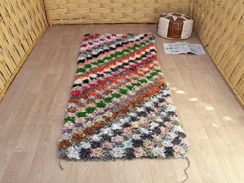 Boucherouite Rug Moroccan Vintage Handmade Berber Rugs Azilal Kilim Rug Teppich Tapis 6'9" x 2'8" feet