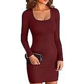 VICHYIE Women Square Neck Ribbed Bodycon Tight Dress Long Sleeve Mid Thigh Pencil Above Knee Dresses