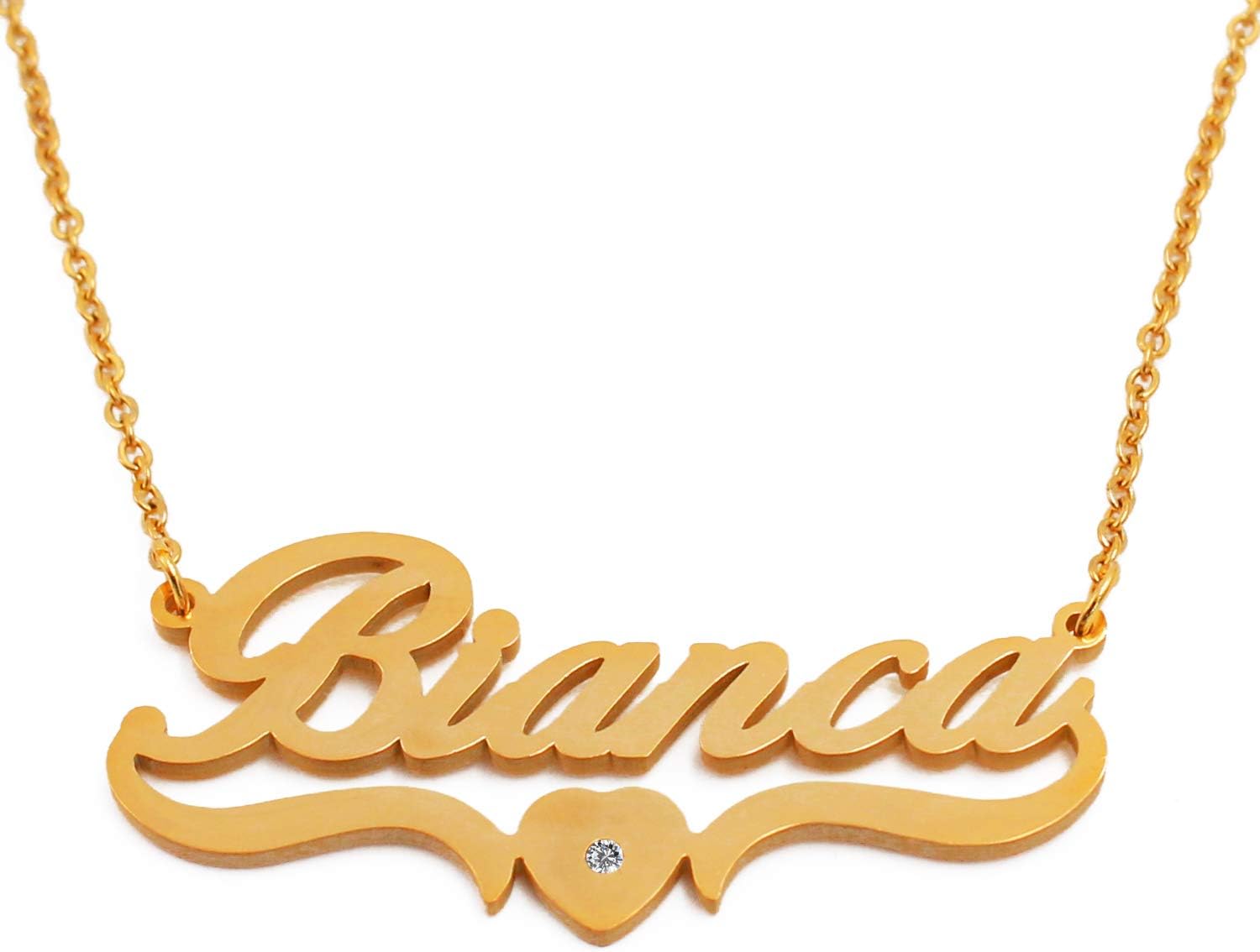 KiguBianca Name Necklace Personalised Heart Shaped Gold Plated, Custom Dainty Name Pendants, Jewellery for Ladies, Girlfriend, Mother, Sister, Friends Inc Bag & Box