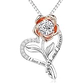 Heart Necklaces for Women Anniversary Birthday Valentine Gifts for Her Wife Girlfriend Gifts, I Love You Always And Forever Rose Flower Jewelry for Mom Daughter Sister Friend S925 Sterling Silver
