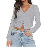 LEEDYA Women's Long Sleeve Cropped Cardigans Fall Lightweight Open Front Knit Sweaters V Neck Button Down Jacket Top