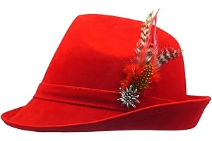ESSENCE OF EUROPE GIFTS OktoberfestHaus | German Hunter Hat Faux Leather Fedora with Metal Edelweiss Pin & Feather, Oktoberfest Costume accessories, German Oktoberfest hat for Men & Women, 100% Polyester | Red