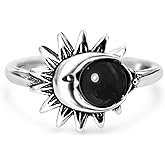 HQFJW S925 Sterling Silver 6mm Round Natural Stone Sun Moon Statement Ring Jewelry for Women