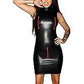 TDNZSEL Elegant Black PU Faux Leather Mini Dress for Women Sexy Bodycon with Zipper Detail Matte Stand Collar Sleek Dress