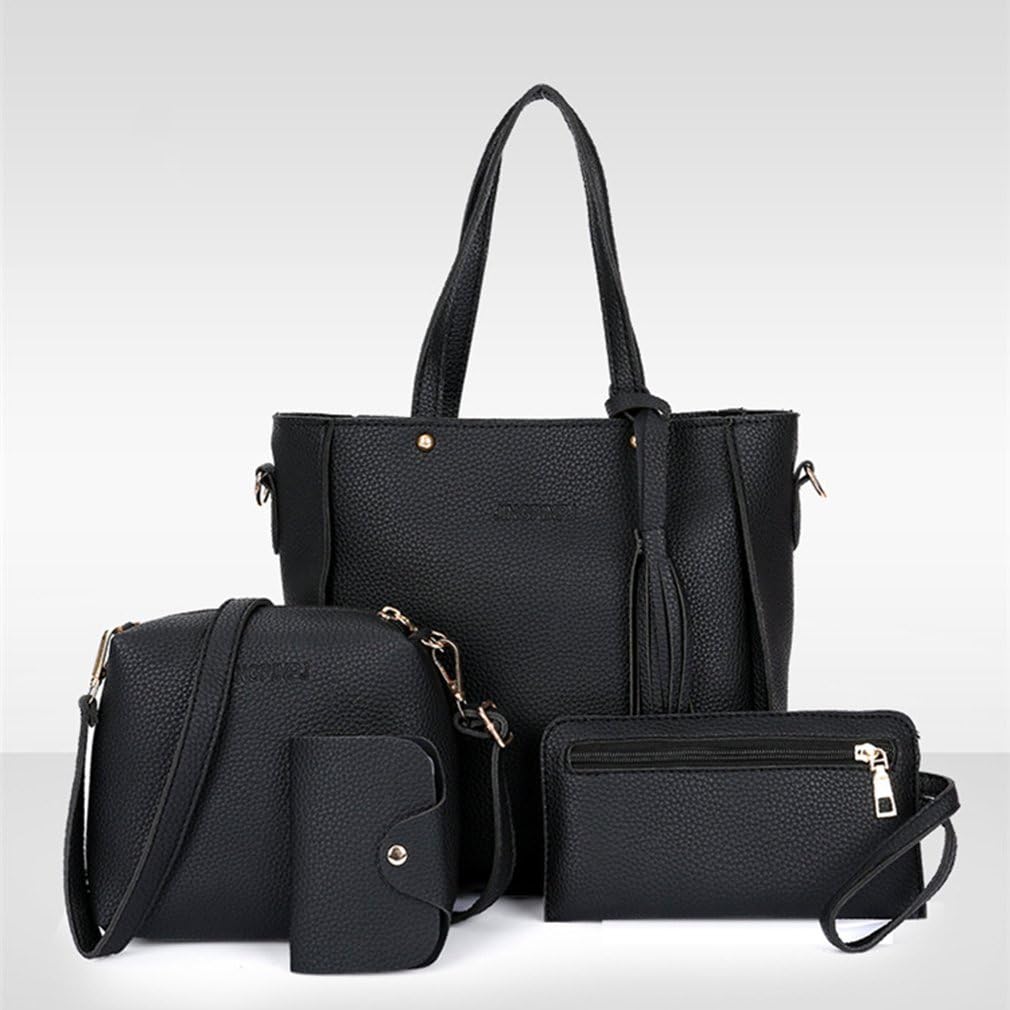 UNKE Women Four Set Handbag Shoulder Bags Four Pieces Tote Bag Crossbody Wallet ,Black