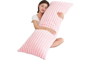 Memfydu Full Body Pillow with Fluffy Stripe Faux Fur Removable Cover, Long Bed Pillow Adult 20x54 Inches for Side Sleeper and Pregnancy, Pink.