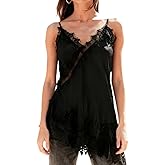 SUEER Womens Lace Trim Satin Long Camisole Y2k V Neck Sleeveless Spaghetti Strap Going Out Tank Top