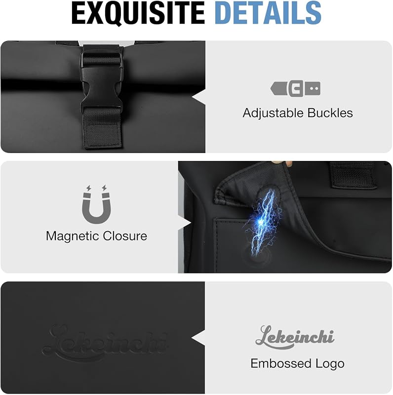 Rolltop Rucksack Damen & Herren, Elegant Laptop Rucksack Wasserdicht mit 17 Zoll Laptopfach, Großer Reiserucksack Tagesrucksack Schulrucksack für Reisen, Uni Schule, Arbeit - Schwarz