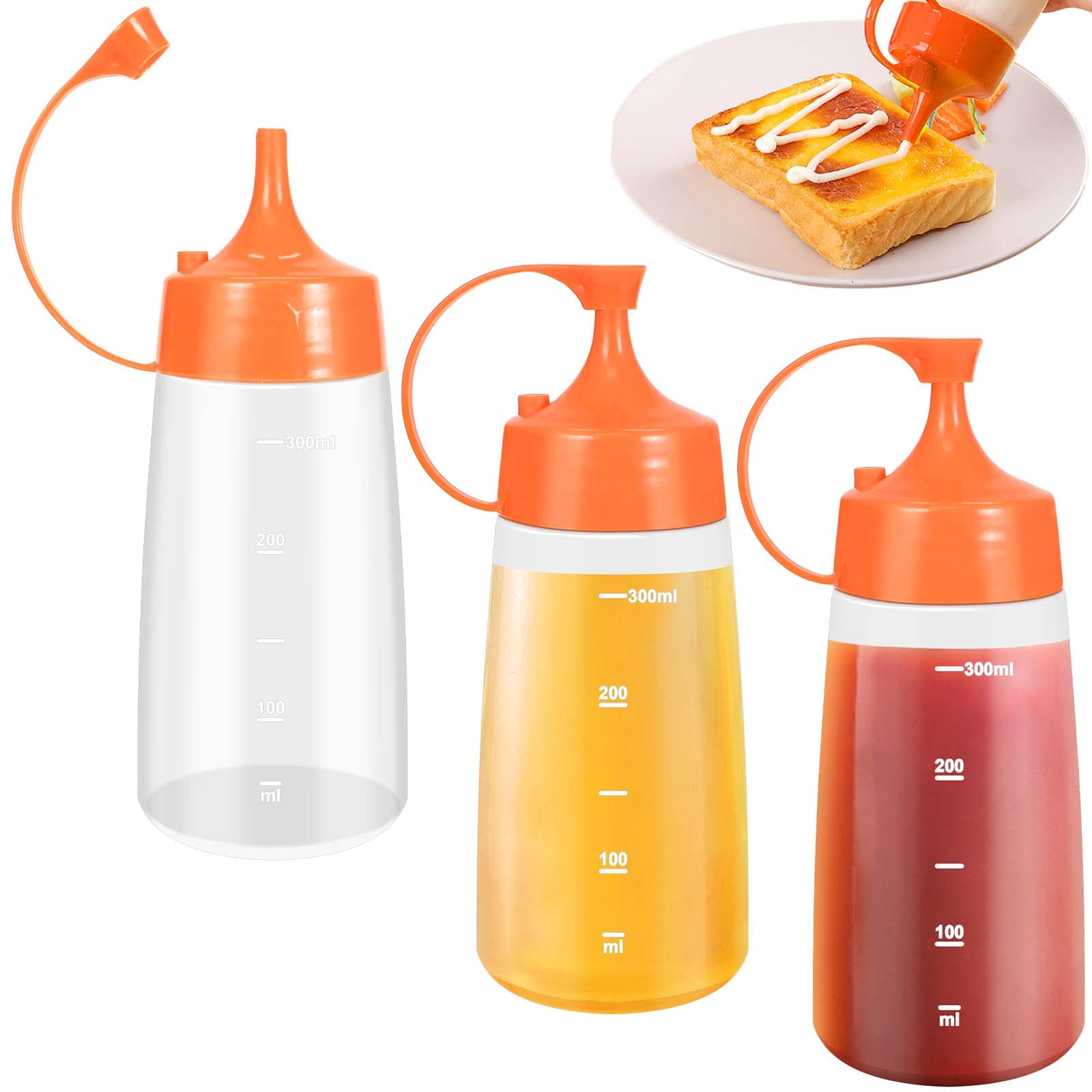 Naapesi 3 PCS Plastic Squeeze Bottles, 300 ml Squeeze Condiment Bottle with Cap and Scale, Squeeze Sauce Dispensing Bottles, Reusable Squeeze Containers for Dressing, Ketchup, Hot Sauce, Olive Oil