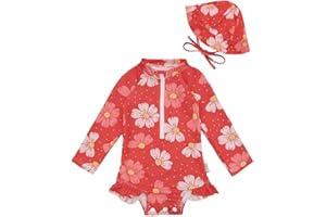ALVA Baby Girl Swimsuit with Hat Girls One Piece Rash Guard Swimwear Long Sleeve Ruffle Swimsuit UPF 50+ Sun Protection
