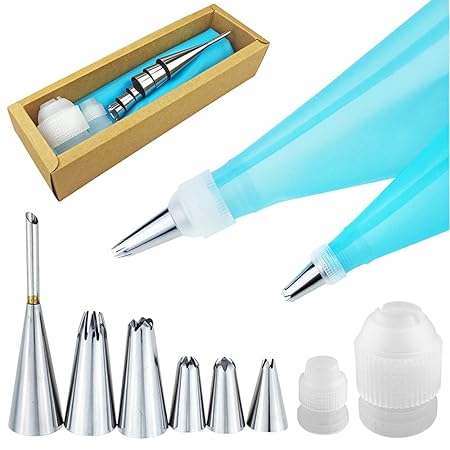 10 Spritztüllen Set, 2 Wiederverwendbare Zuckerglasur-friedliche Beutel / 1 Hauch-Kuchen-Spitzen / 5 Kuchen-Spitzen / 2 Spitz