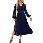 Dokotoo Womens Wrap V-Neck Empire Waist Dress Lantern Sleeve Ruched Side Slit Elegant Maxi Dress