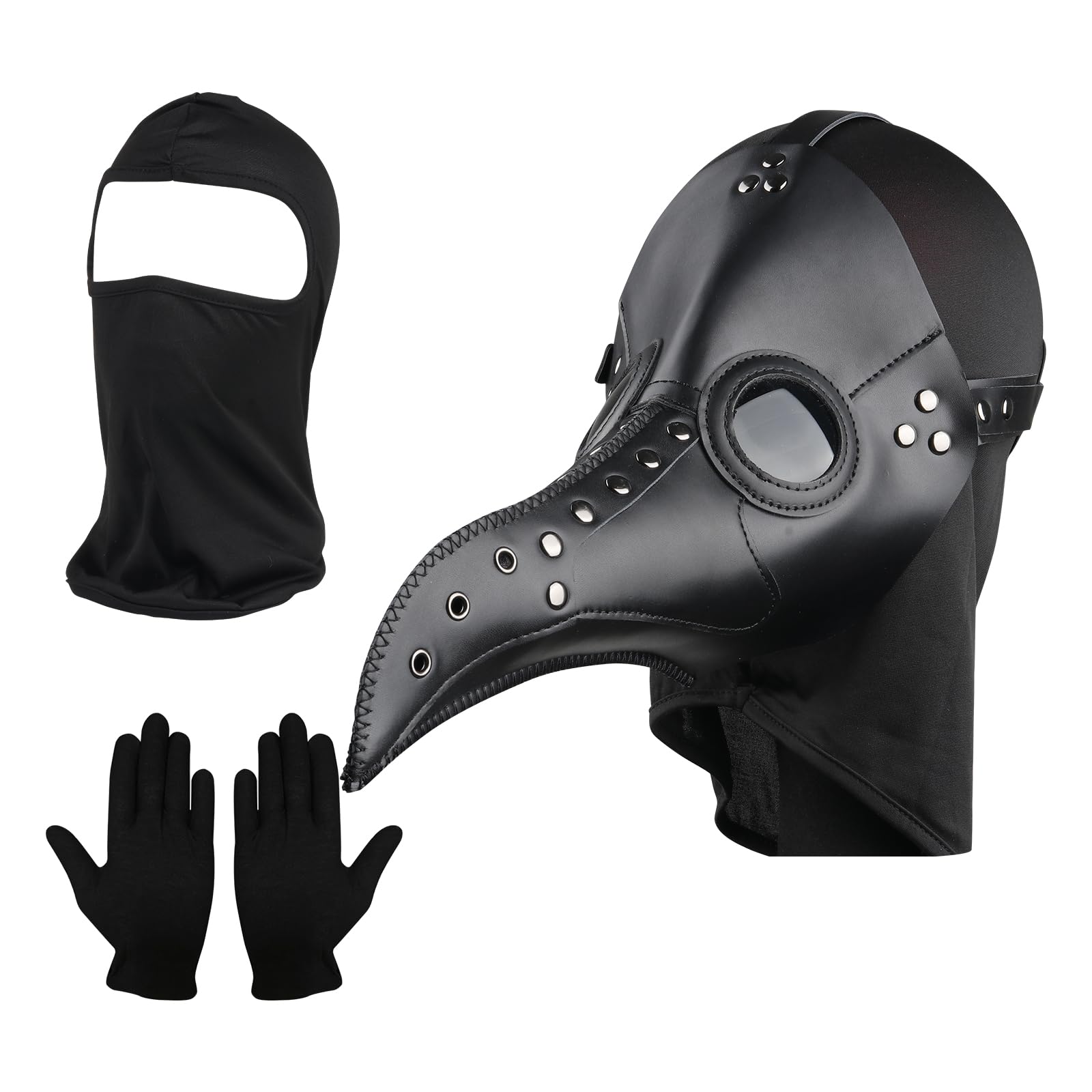 Lifreer Plague Doctor Mask, Retro Leather Bird Mask Long Nose Beak Steampunk Props Bird Masks and Black Gloves, Full Face Mask for Halloween Party Costume Accessories