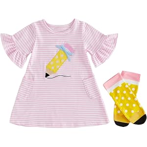 Santikisler Girls Back to School Smocked Dress with Socks | Ruffle Short Sleeve, Pencil Pattern, Stripe Print, A-Line Design,