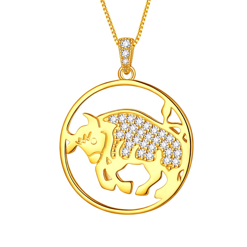 Aurora Tears Taurus Necklace 925 Sterling Sliver 12 Zodiac Pendant Constellation Gold Plated Round Coin Necklace CZ Horoscope Jewellery Gift for Women and Girls DP0111J-Y