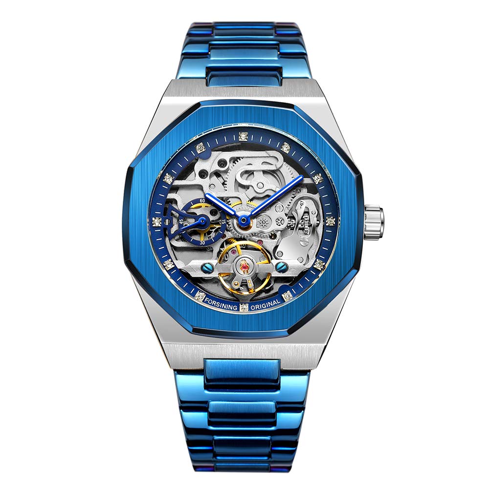 BOLYTE Tourbillon Design Men's Analog Automatic Stainless Steel Wrist Watch Mechanical Skeleton Male Clock (Blue)