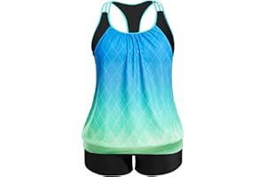 Holipick Plus Size Tankini Swimsuit for Women Two Piece Tummy Control Bathing Suit Blouson Racerback Tankini Top with Shorts