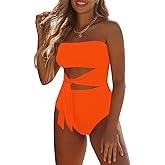Viottiset Women's Bandeau One Piece Swimsuit Strapless Tie High Cut Out Bathing Suit