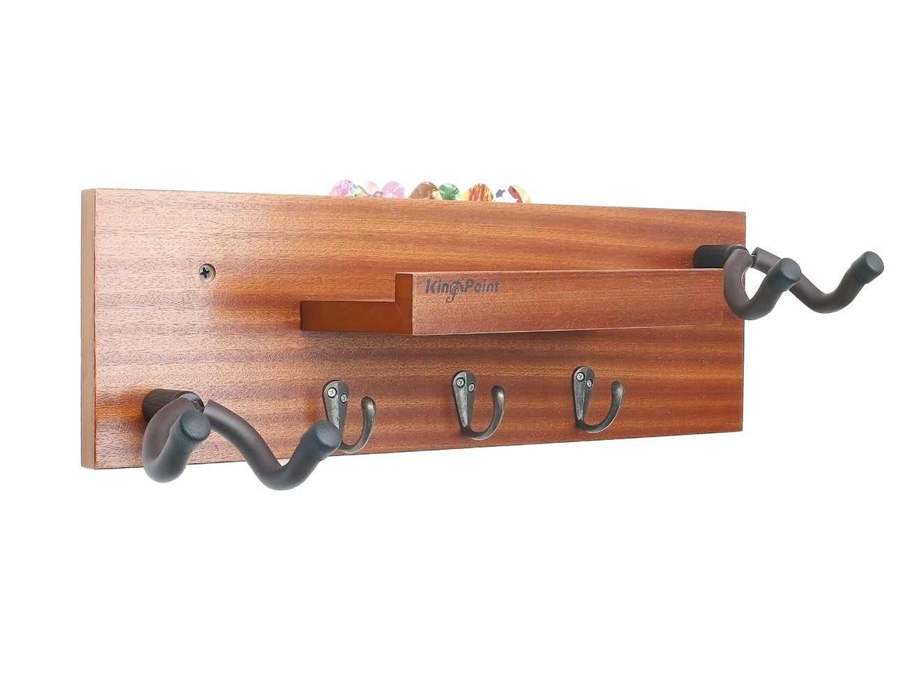 KingPoint Wall Mount Hanger Shelves Guitar Holder Bracket Rack Wooden Wall Hook With Pick Holder and 3 Metal Hooks for Electric and Acoustic Guitars