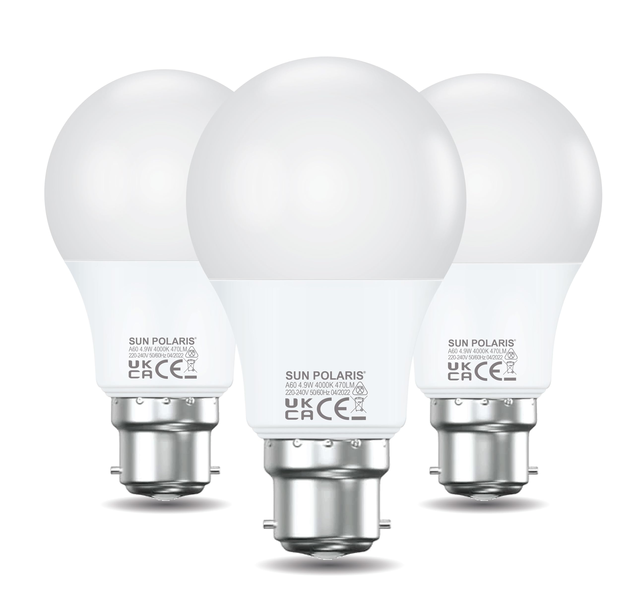 SUN POLARIS Bayonet Led Light Bulb - 4.9 Watt Cool White 4000k Natural Bright, 40W Equivalent B22 Lightbulb, 470 Lumens Ultra Efficient Lightbulbs, BC Non Dimmable GLS Energy Saving Bulbs Pack of 3