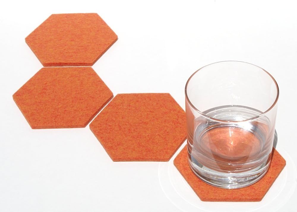 Hexagon Drink Coasters in 5mm Thick Merino Wool Felt- Fluorescent Orange