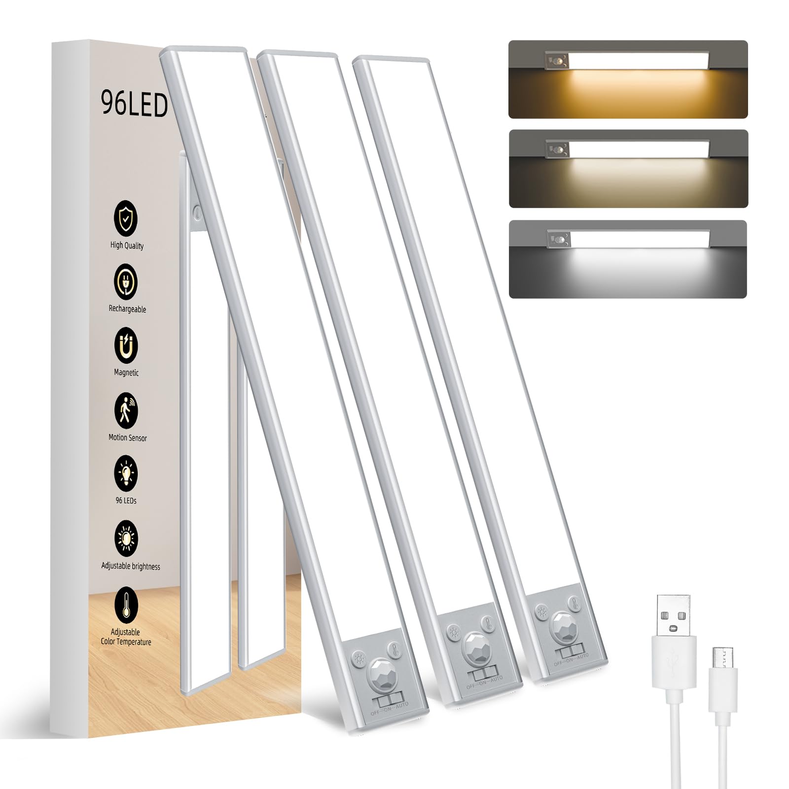 Photo 1 of Under Cabinet Lighting, 96 LED Rechargeable Motion Sensor Light Indoor, 7-Color & 5-Brightness, Wireless Magnetic Under Cabinet Under Counter Lights for Kitchen, Stairs -3 Pack