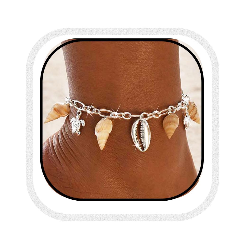 Ushiny Boho Ankle Bracelets Shell Anklet Silver Conch Sea Turtle Anklets Adjustable Foot Chain Jewerly for Women
