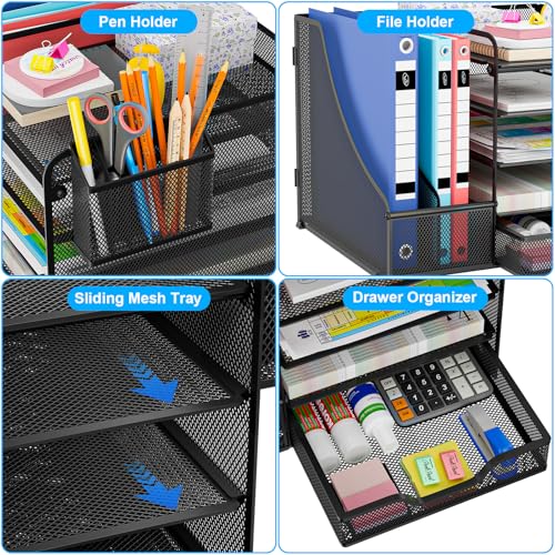 Apritsce Desk Organizer, Desk File Holder, 5 Trays Office Document Holder with Drawer and Pen Holder, Multifunctional Stationery Organizer for Office Stationery Home