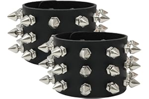 Honbay Exaggerated Black Leather Rivet Spiked Studded Bracelet Gothic Punk Rock Biker Cuff Wrap Bangle Snap Button Metal Bracelet for Men Women