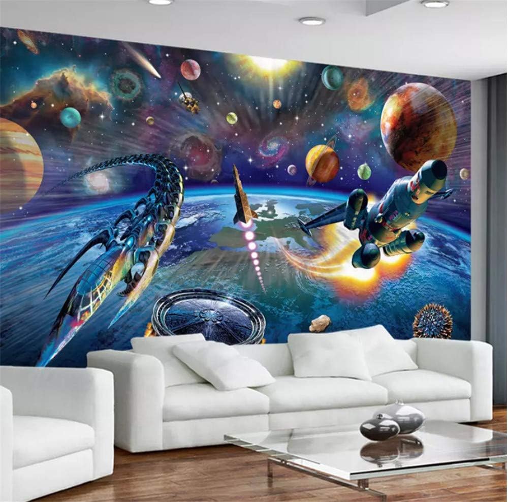 Syssyj Custom Mural Wallpaper Modern Hand Painted Cartoon Space Spaceship Children Room Bedroom Wall Decoration Wallpaper for Kids Room-280X200CM