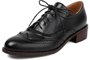 SHEMEE Women's Chunky Low Heels Oxfords Saddle Shoes Creeper Vintage Wingtip Brogues Perforated Flats Lace Up Pumps