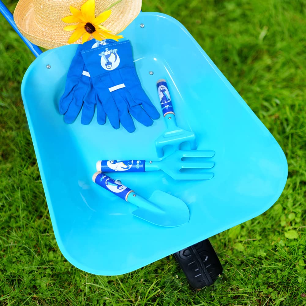 Colwelt Kids Wheelbarrow 5Pcs, Steel Wheelbarrow for Kids with Kids Gardening Tools and Gloves(Blue), Gardening Tools for Kids