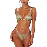 ForBeautyShe Women's Sexy Thong Bottom Two Piece Bikini Double Shoulder Straps Cute Swimsuit Triangle Bathing Suit