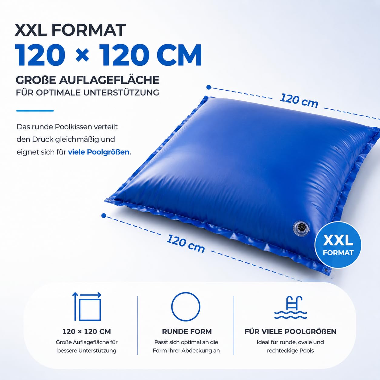 XXL Poolkissen zur Poolabdeckung 120 x 120 cm inkl. Seil – Rundes Luftkissen, Wintermittel für Abdeckung bei Winter und schlechtem Wetter, Zubehör für Pool Überdachung 5