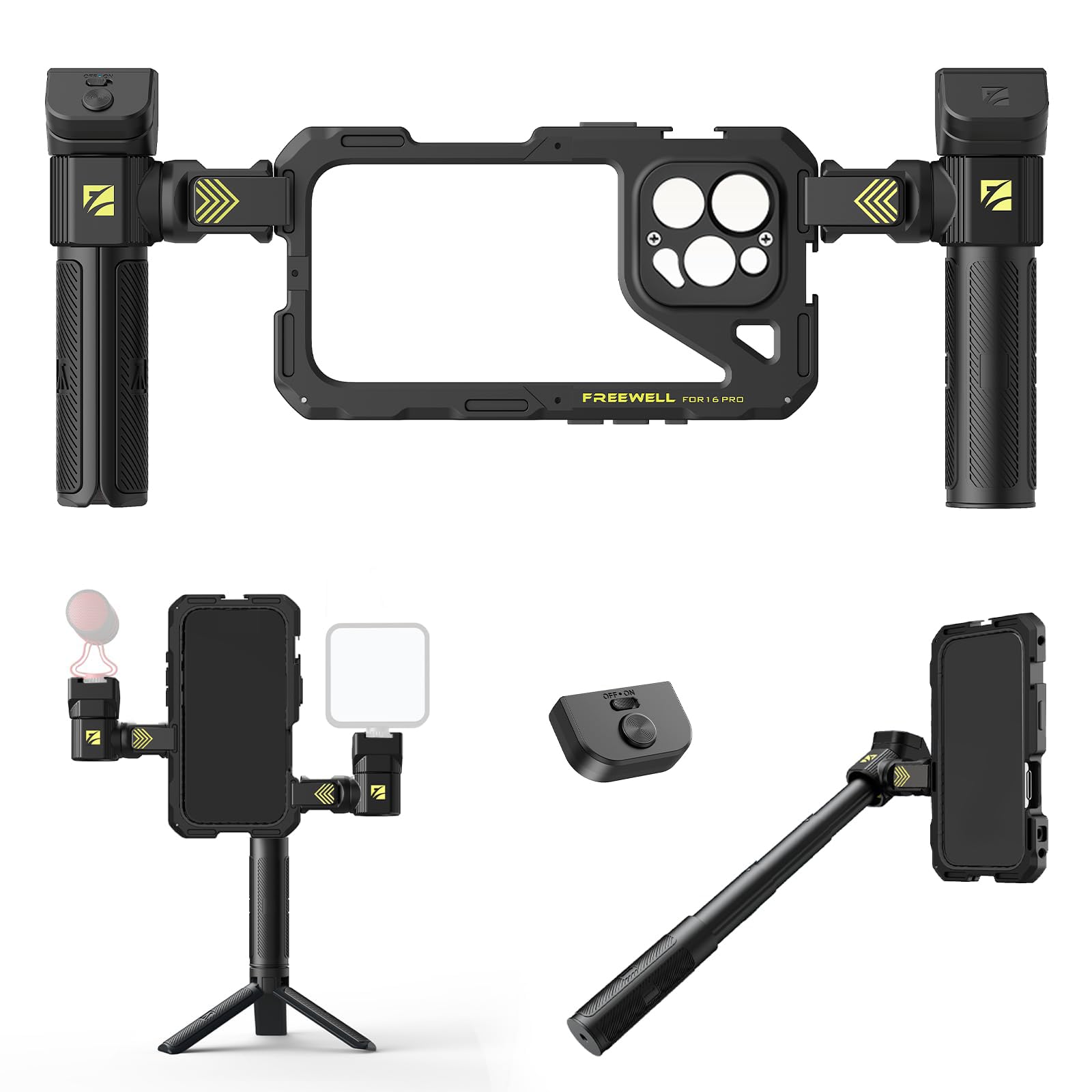 Freewell Genius Rig Cage for iPhone 16 Pro - Tool-Free Installation, Multifunctional Tripod and Monopod Handles, Bluetooth Remote