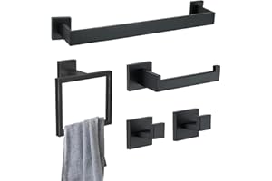 5-Piece Matte Black Bathroom Hardware Accessories Set - 60cm Towel Bar, Toilet Paper Holder, Towel Ring, 2 Towel Hooks, SUS30